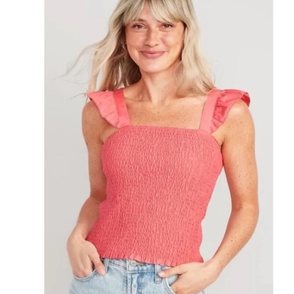 Old Navy Coastal Boho Sleeveless Ruffle Strap Square Neck Smocked Top in Coral M - Picture 1 of 10